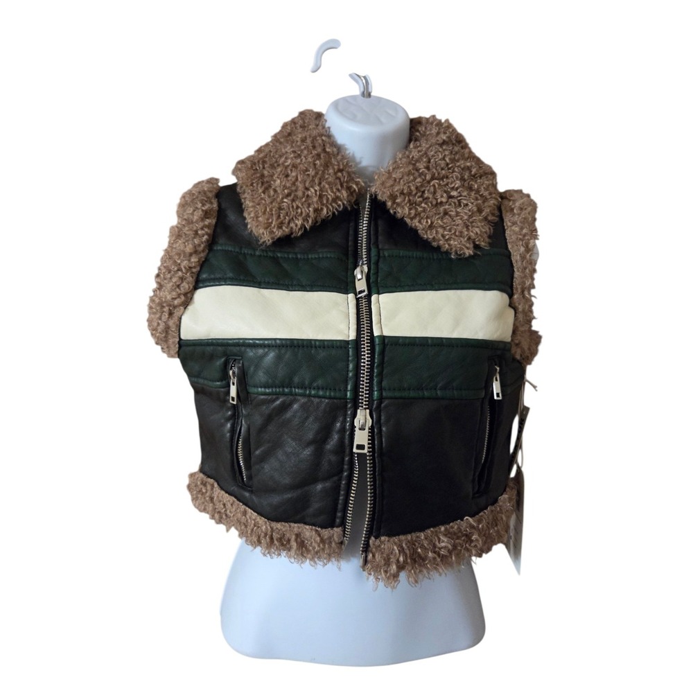 Cali 1850 Cropped Faux Leather Tri-Color Shearling-Trim Vest Jacket M NWT
